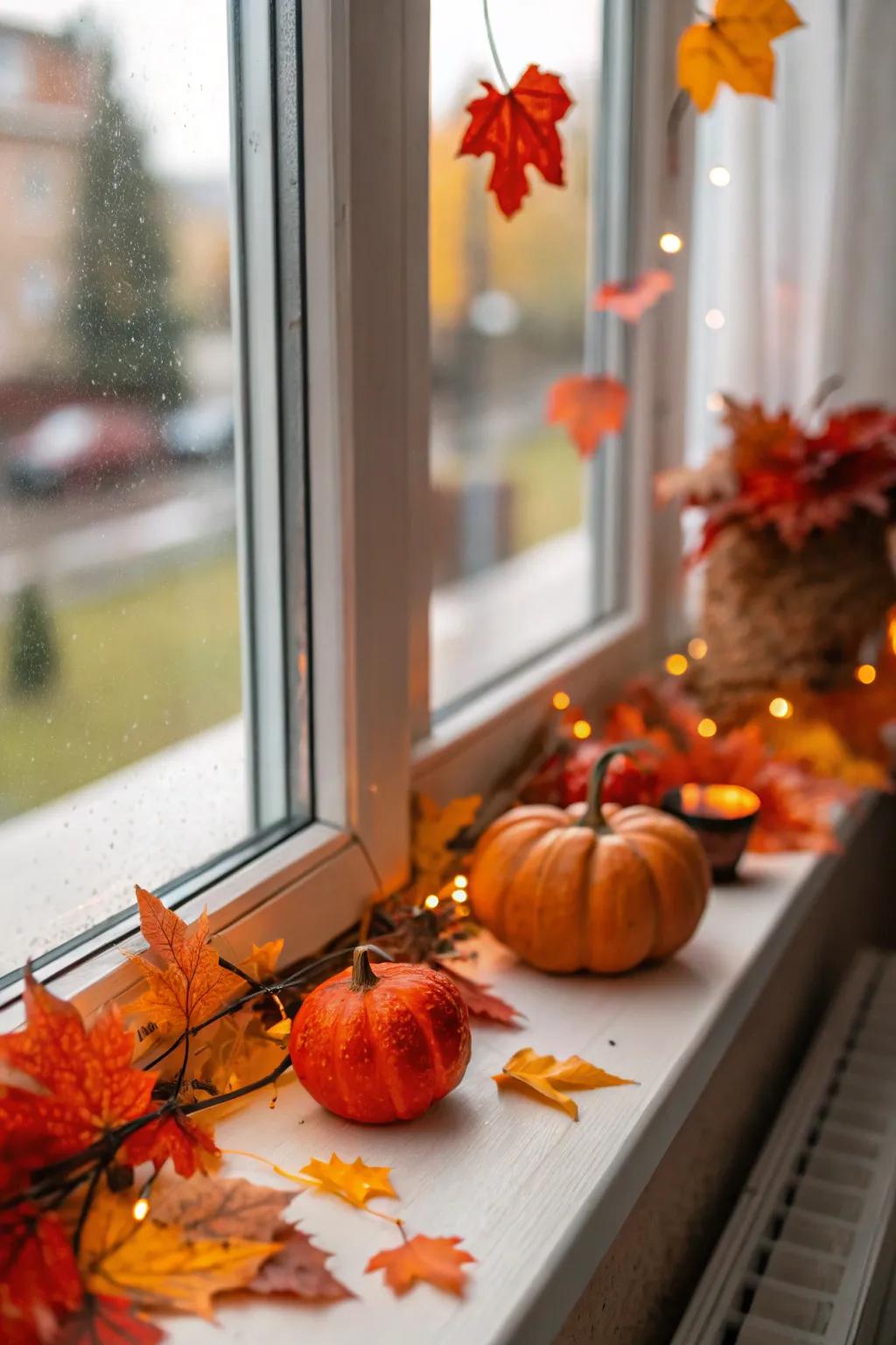 A window sill decorated with pumpkins and autumn leaves, celebrating the season.