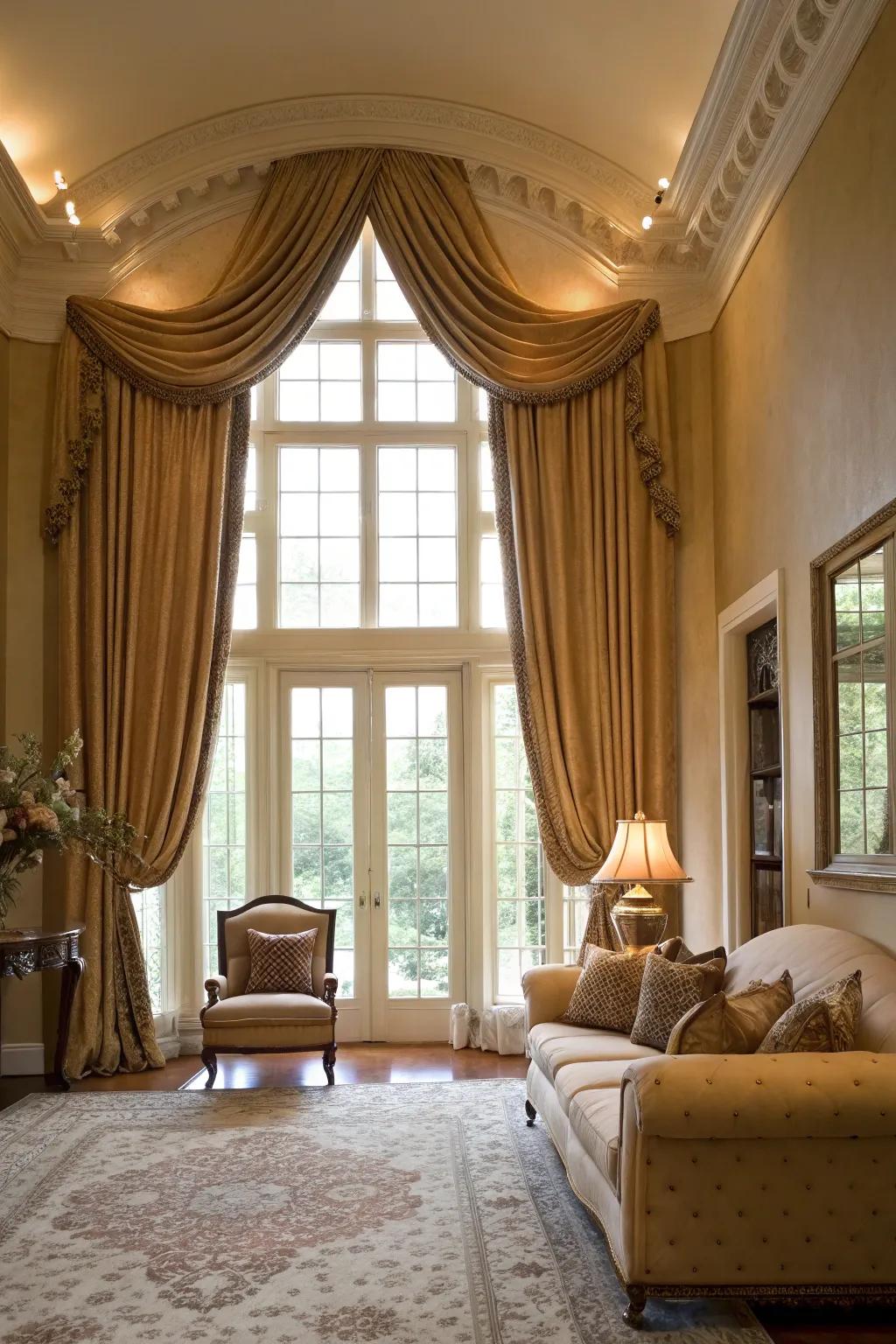 Full-length drapes introduce drama and elegance to casement windows.