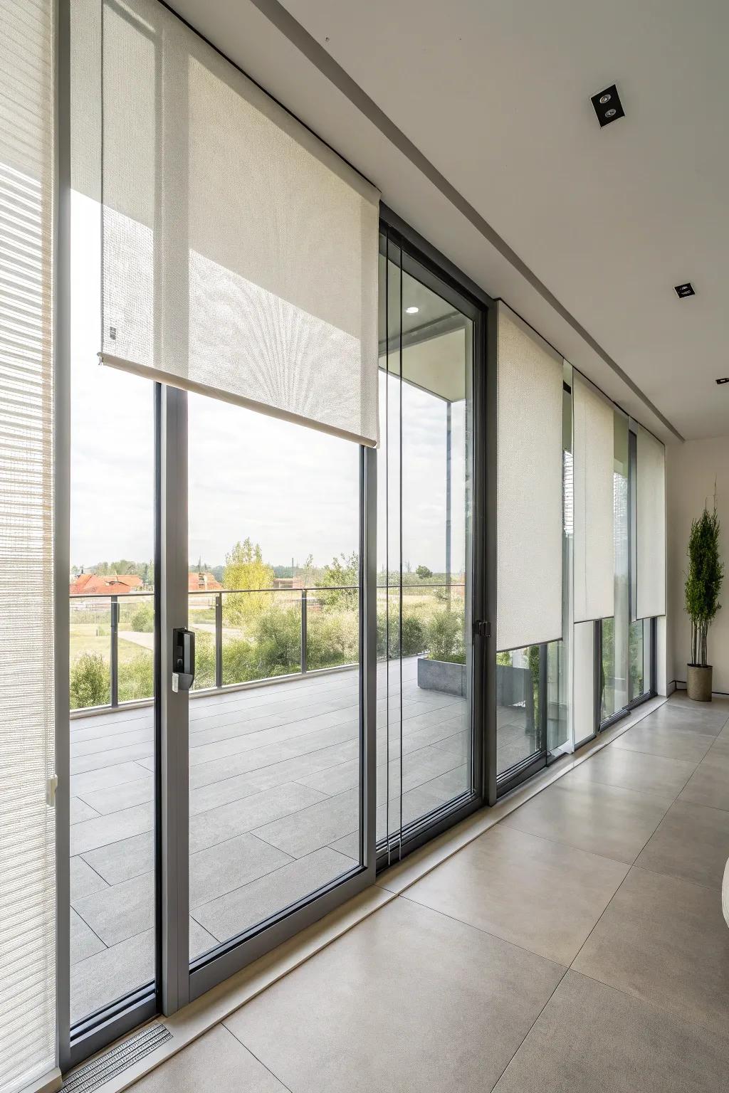 Panel track window blinds offer a clean, modern option for large sliding doors.