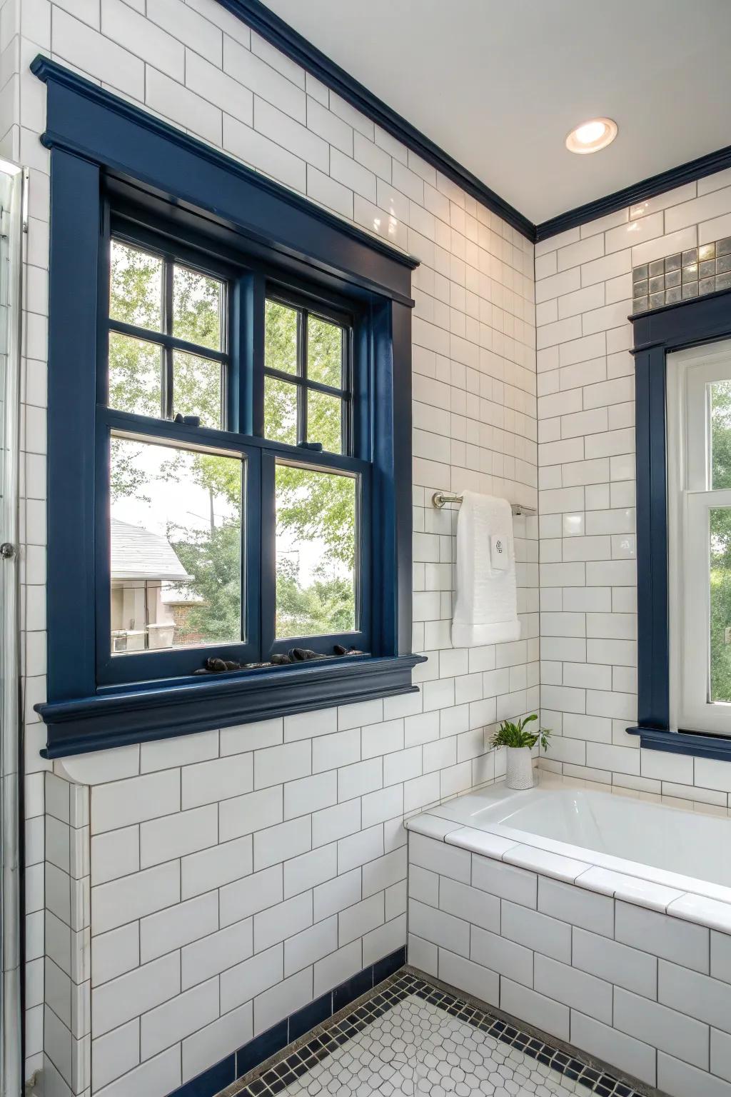 Midnight blue trim adds a marine-inspired touch to a bathroom.