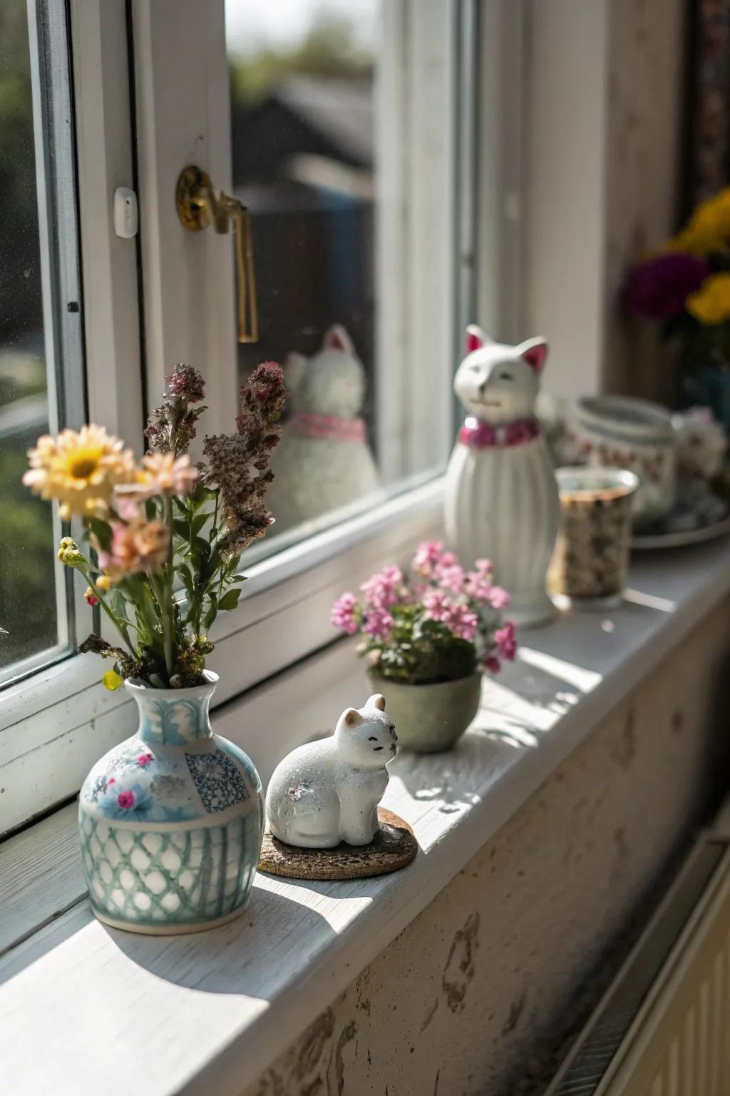 Decorations provide charm and personality to the windowsill.