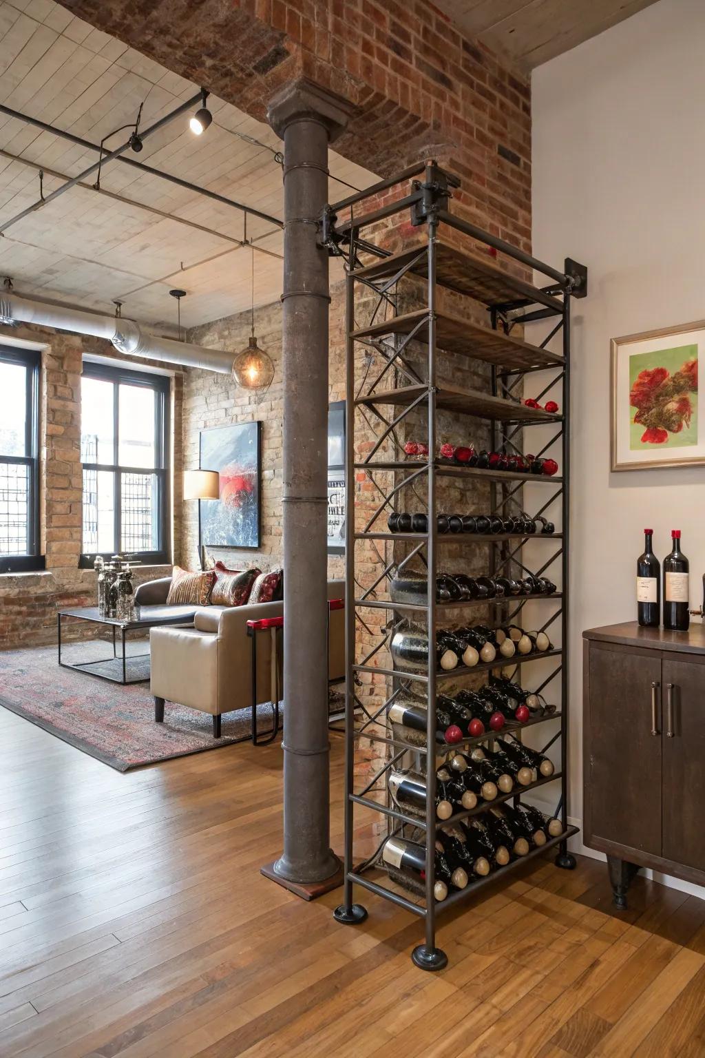 An industrial-style wine rack adding an edgy aesthetic.
