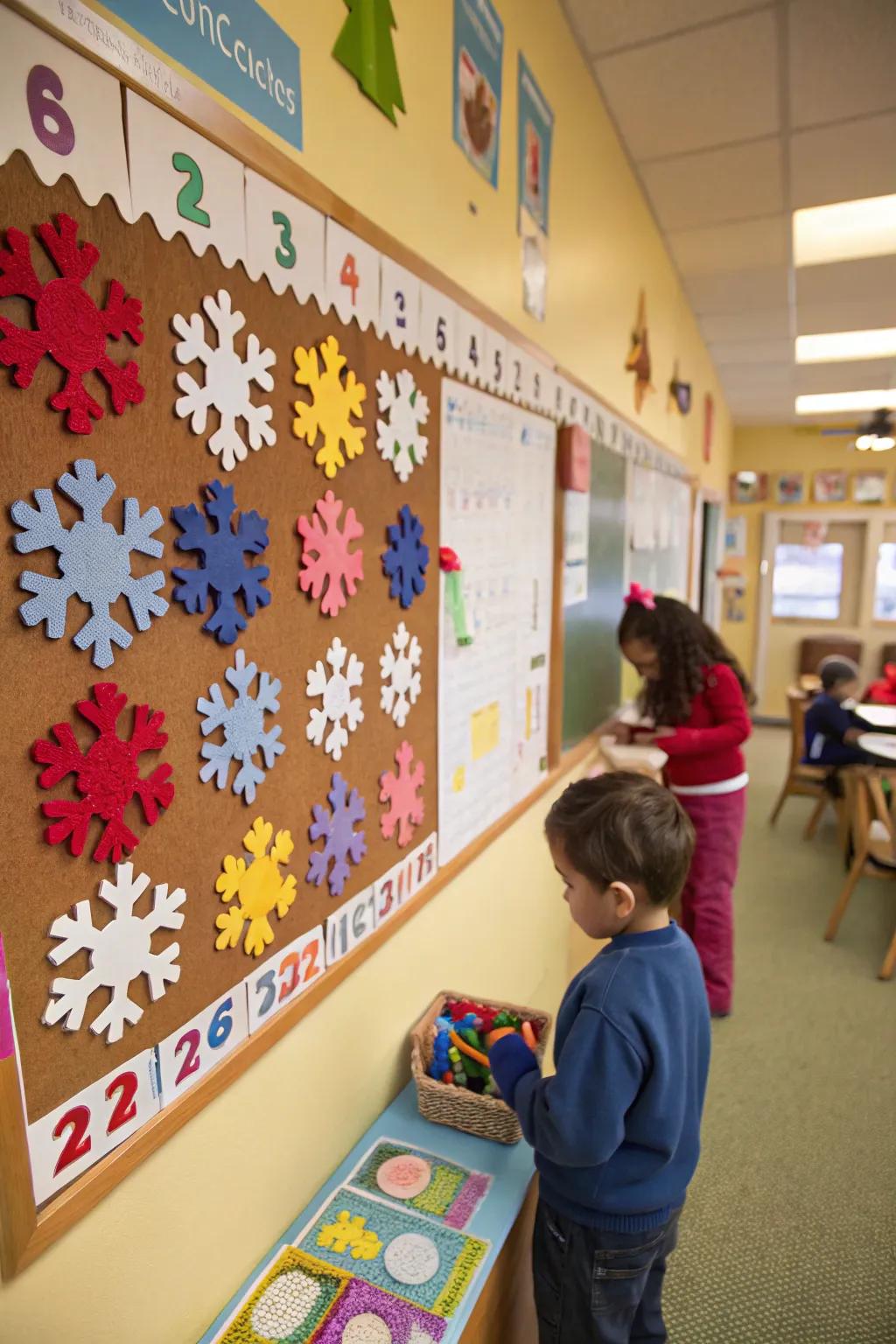 Interactive snowflakes beckon playful counting sessions on the bulletin board.