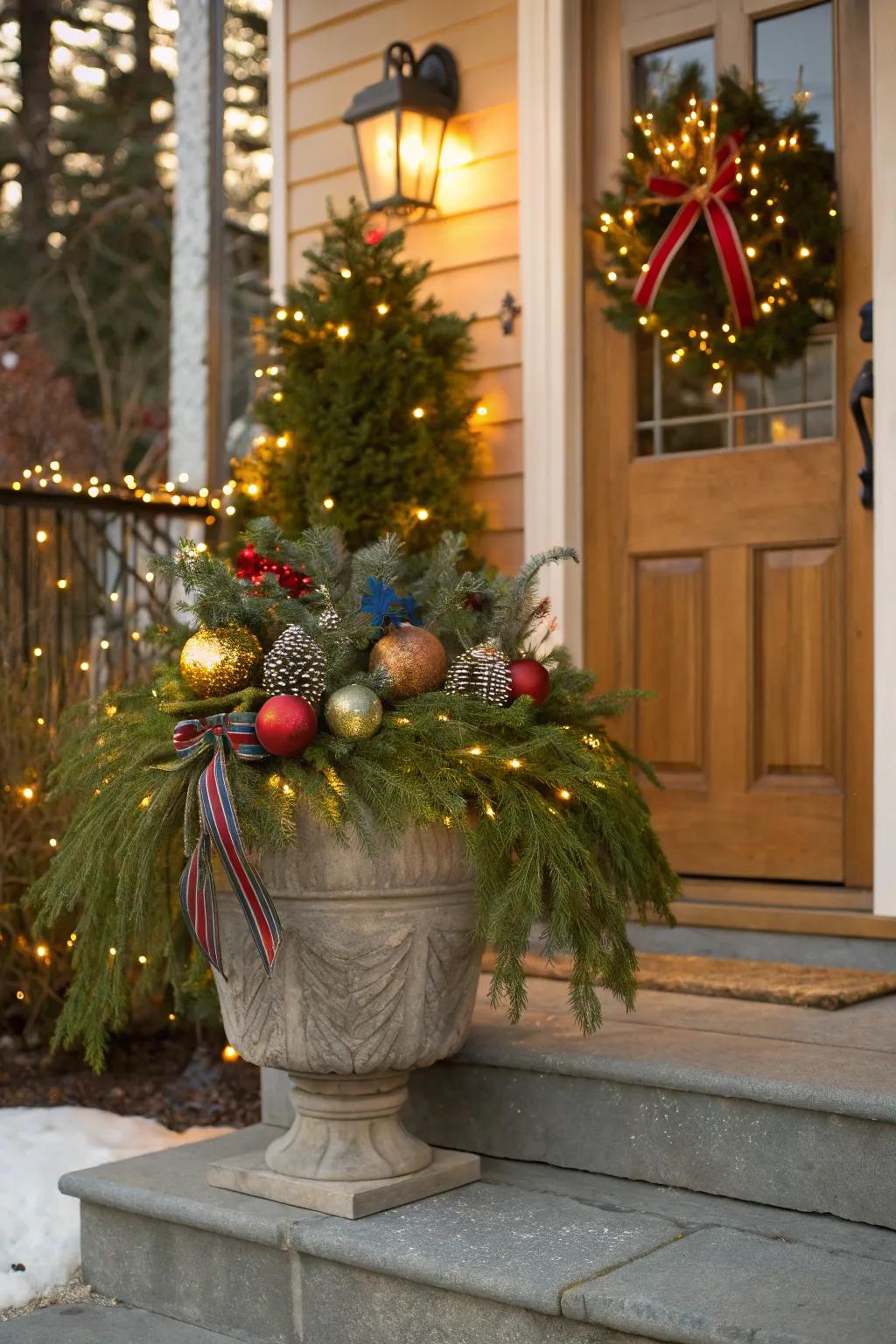 Holiday decorations transform planters into festive focal points.