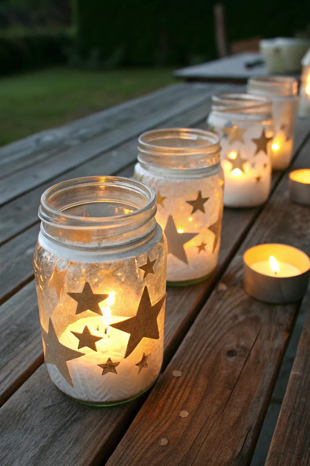 Glass canister lanterns make a starry glow, great for the solstice night.