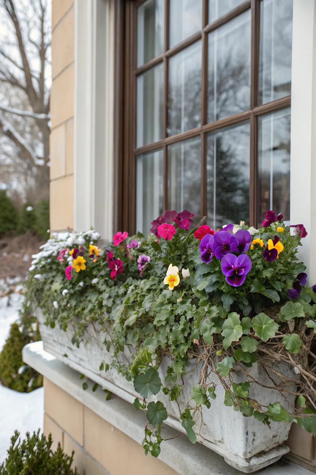 Colorful pansies and cyclamen add vibrant pops against the winter greens.