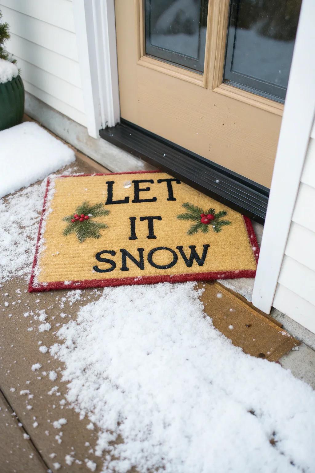 A winter-themed rug welcomes visitors in style.
