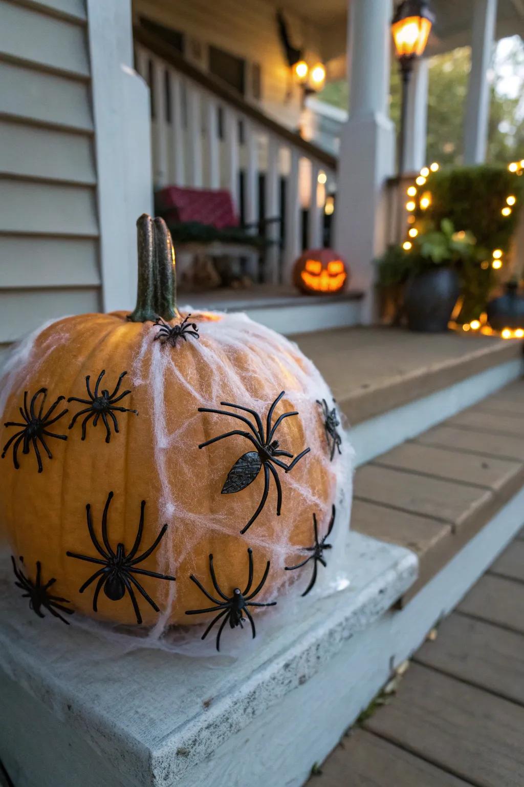 Gourd cloaked in eerie cobwebs.