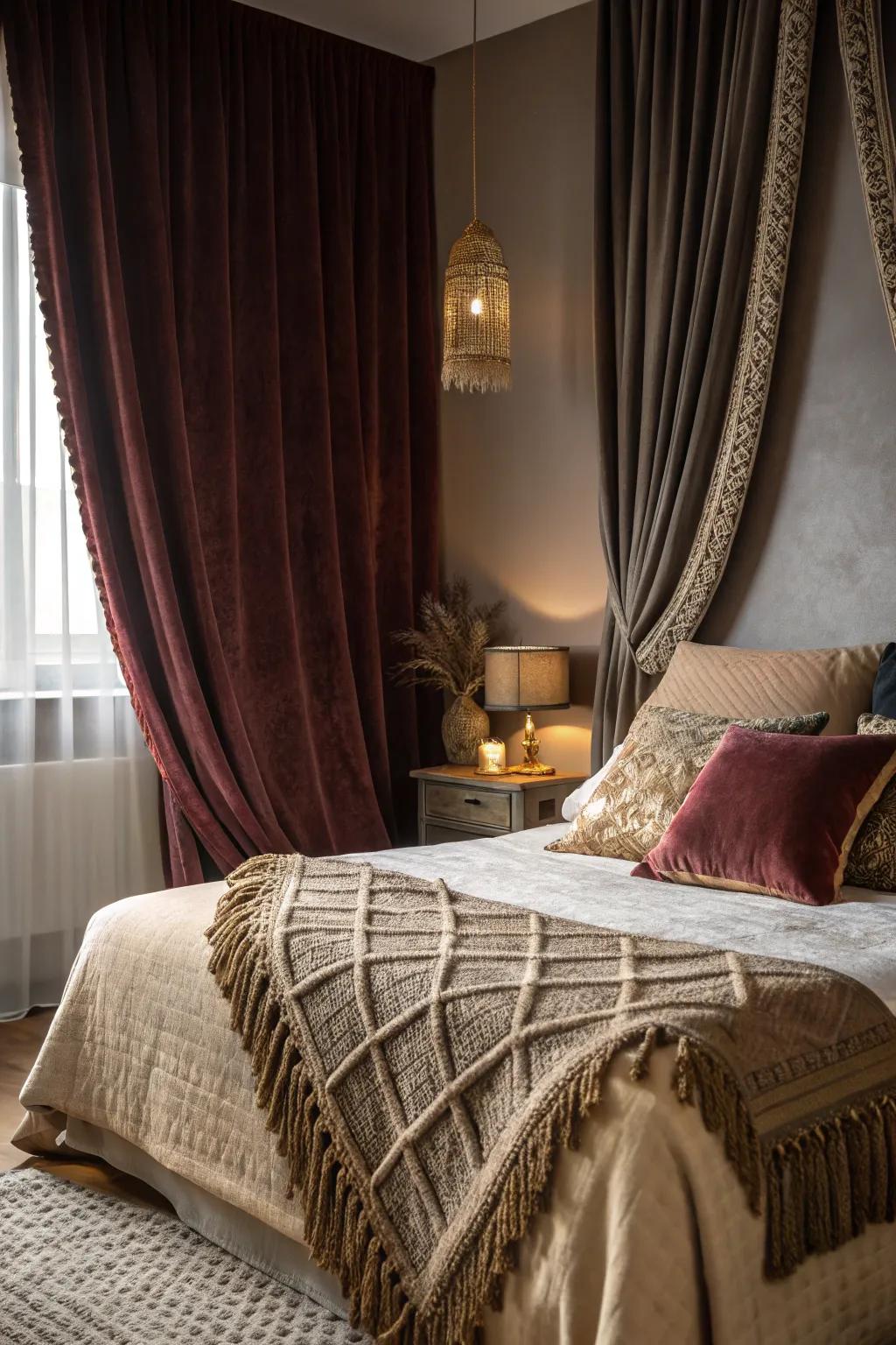 Luxurious textiles deepen the warmth and texture of a witchy bedroom.