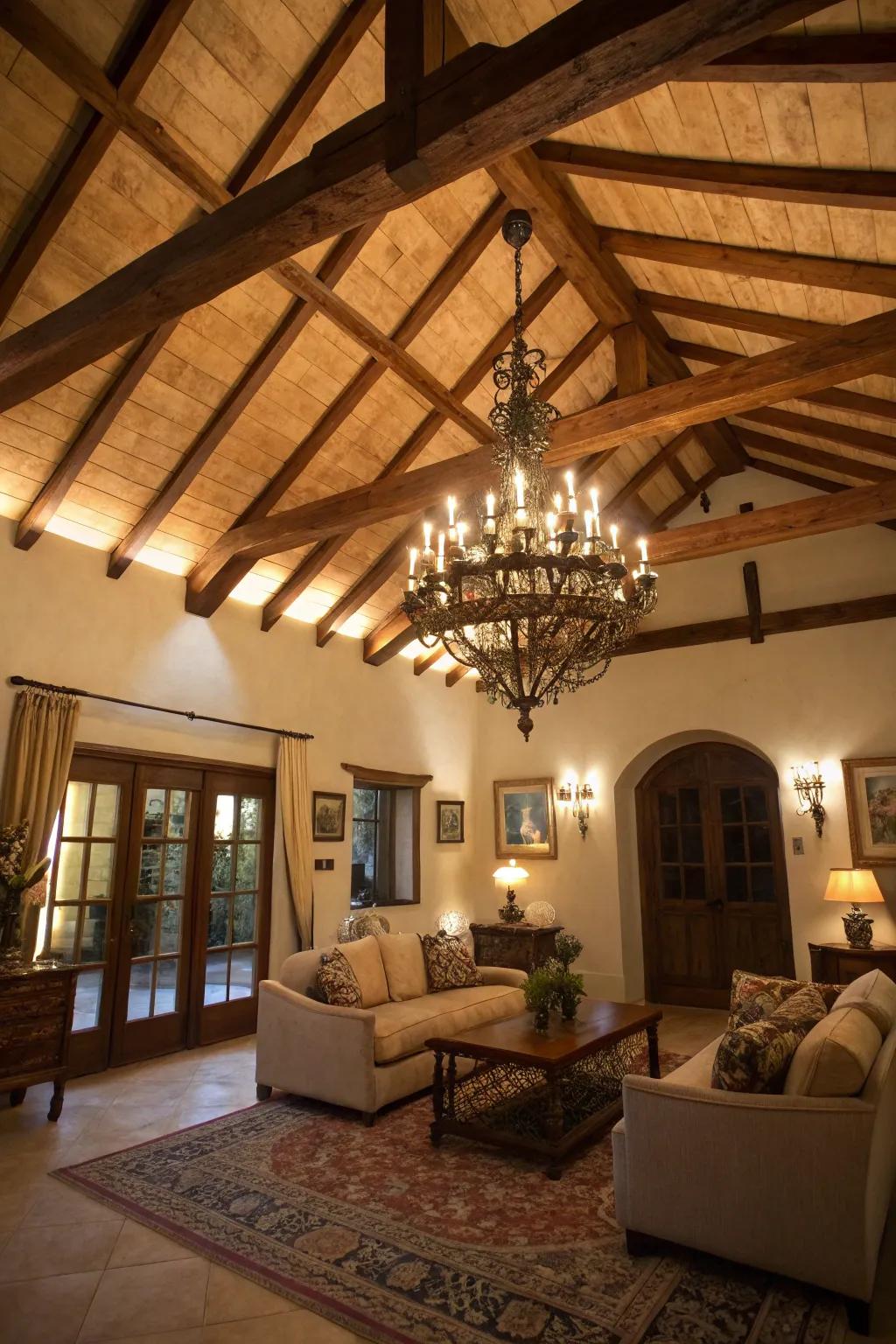 An elegant chandelier spotlighting the wooden beams in a living area.