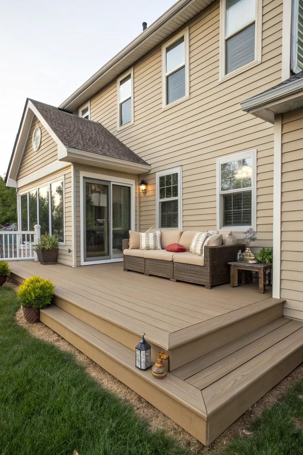 A monochromatic tan deck creates a seamless and elegant continuation from the house.
