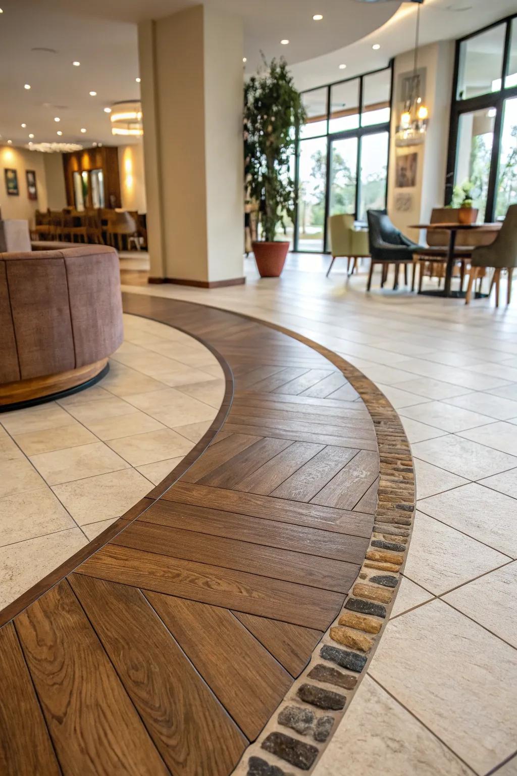 An artistic interior presents a curved transition connecting wood and tile flooring.