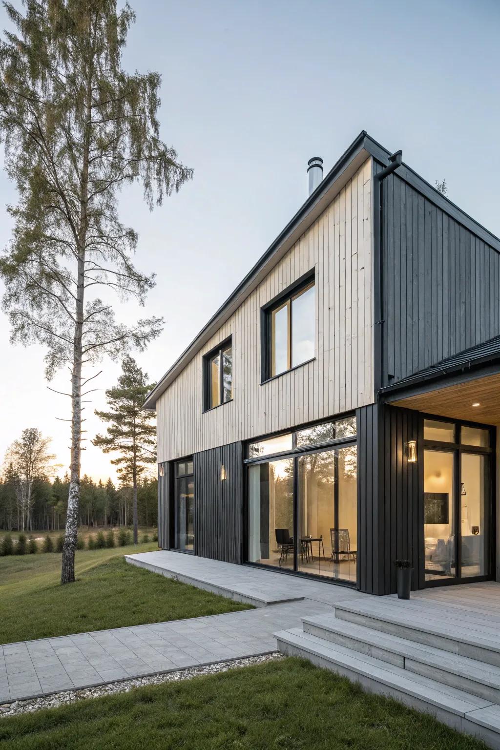 A polished wood-clad home with a minimalistic modern design using charcoal and white.
