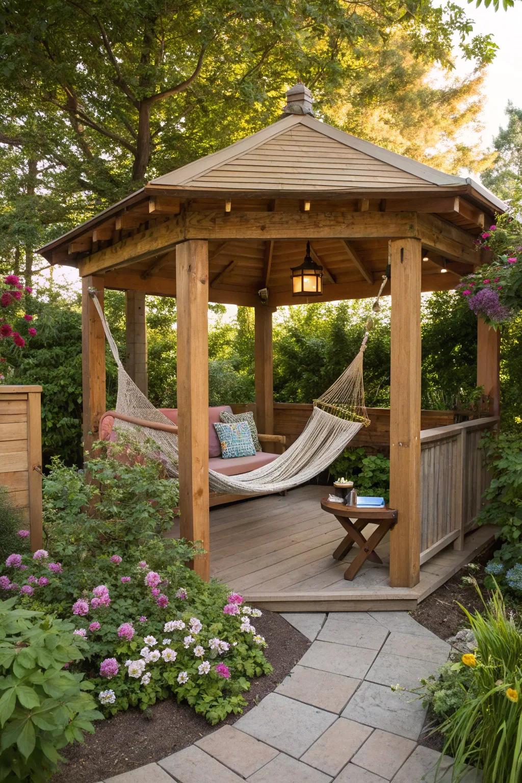 A charming wooden gazebo ideal for relaxation.