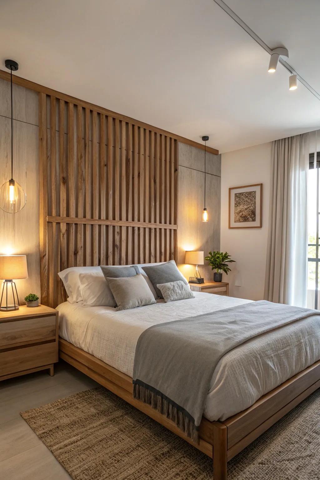 Build a snug getaway featuring a wooden panel headboard.
