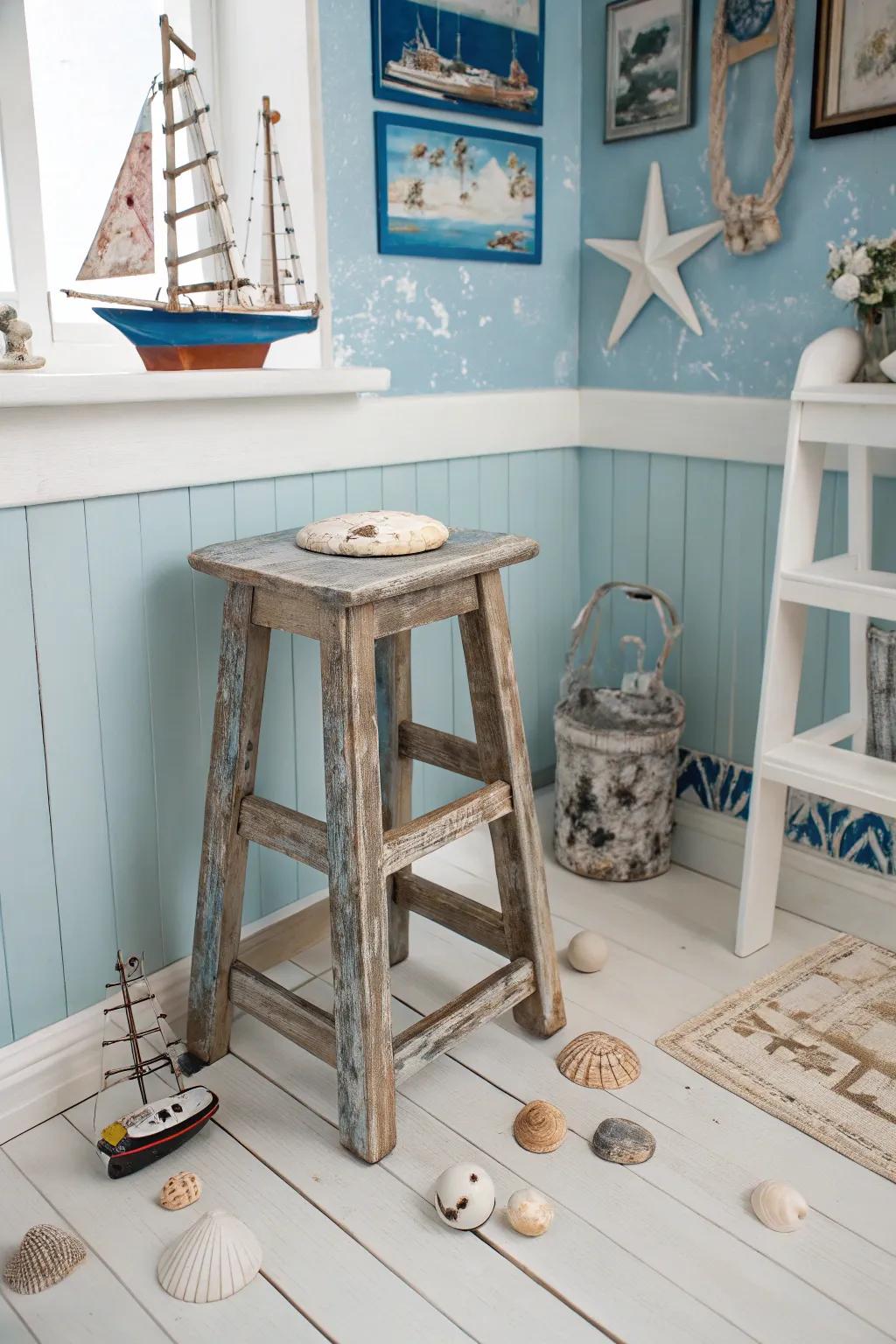 With this weathered wood stool, capture coastal moods.