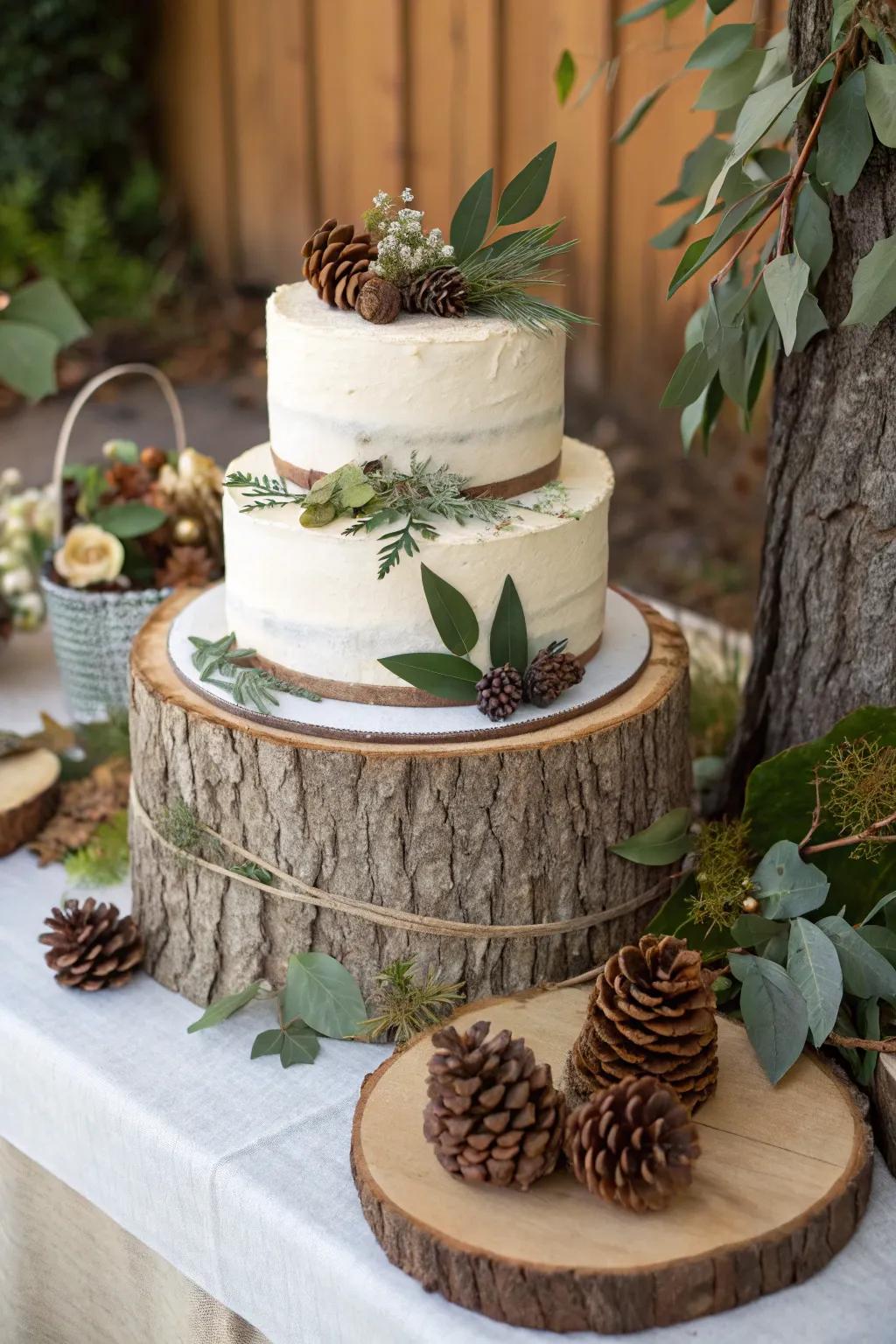 Elevate your dessert spread with a rustic cake display.
