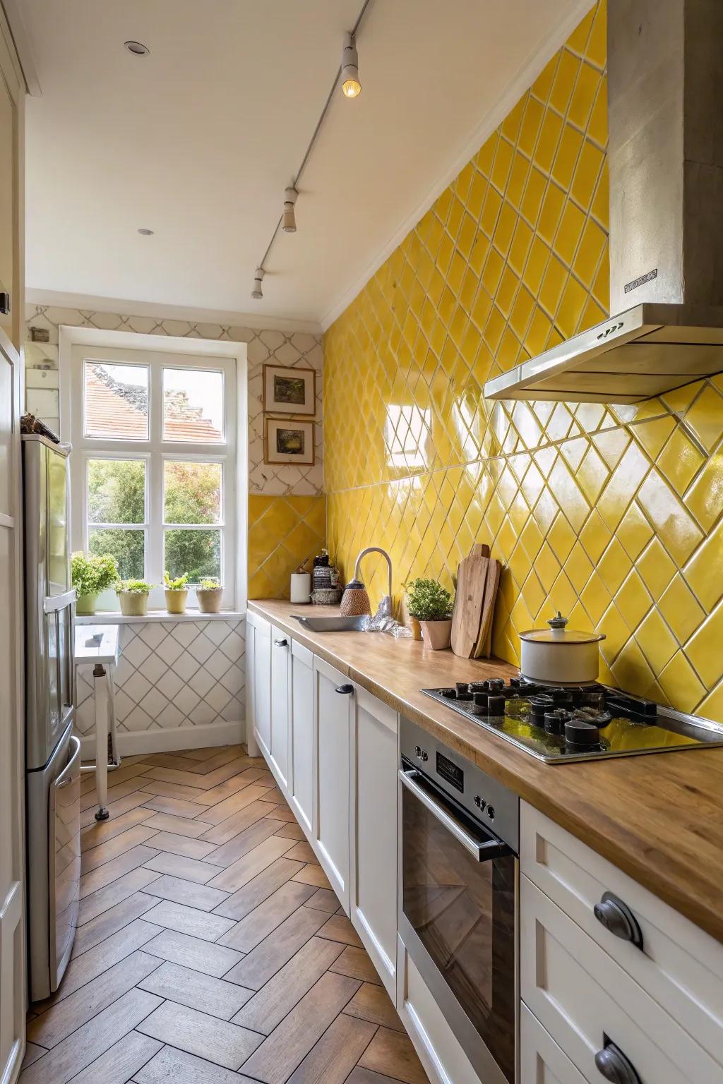 Diagonal goldenrod brick tiles add a modern twist to tradition.