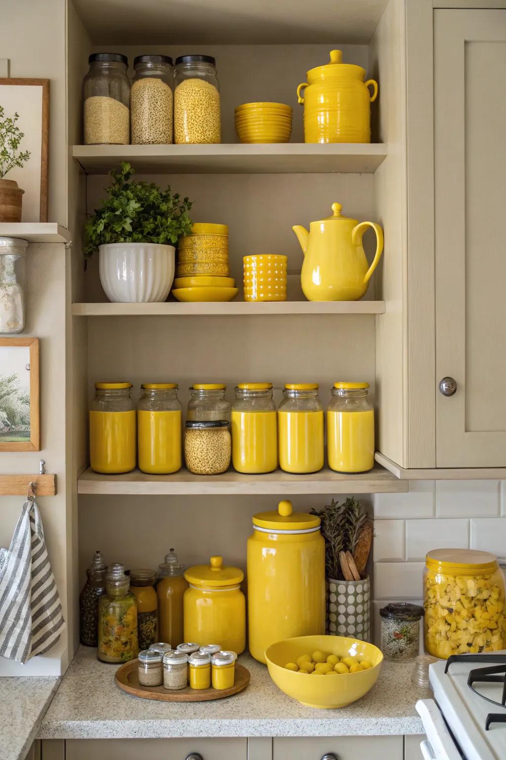 Yellow accents on floating shelves draw the eye and create focal points.