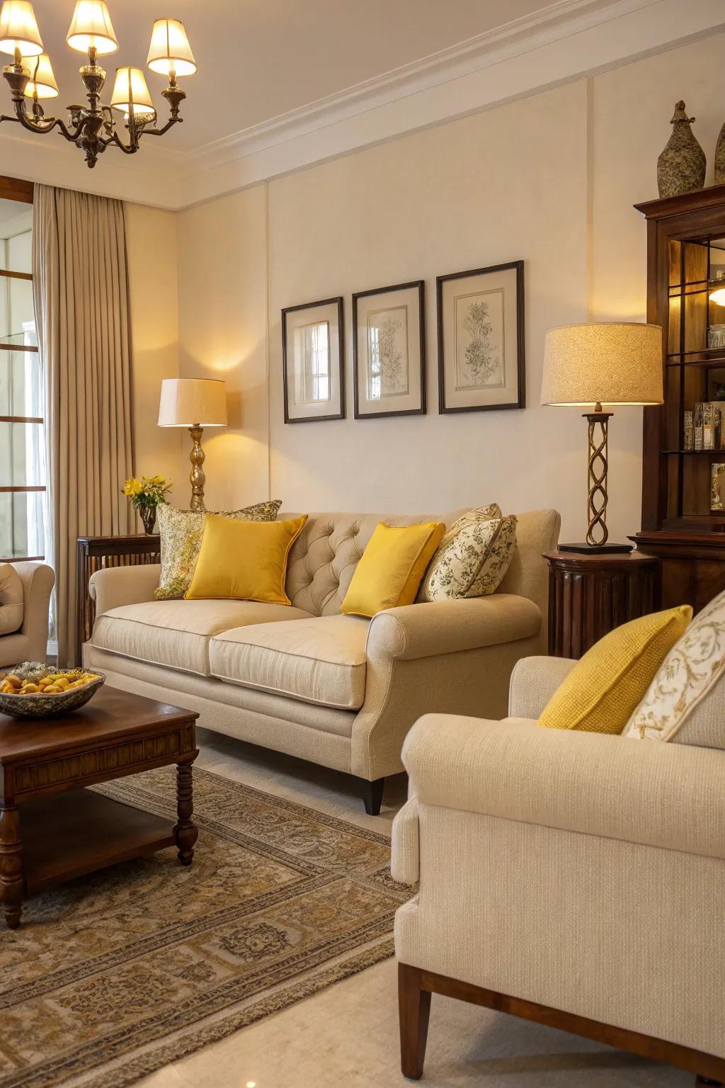A harmonious living space featuring yellow accents.