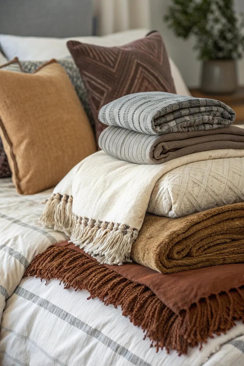 Layered fabrics create a welcoming and cozy bed.