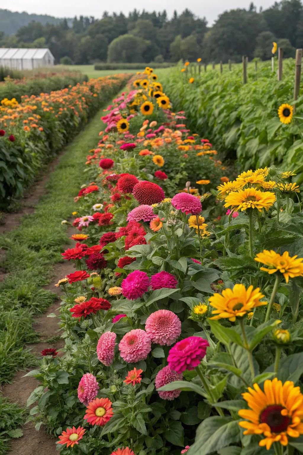 Precisely aligned rows of Glowblooms, towering sunflowers, and opulent dahlias in a dedicated harvest garden.