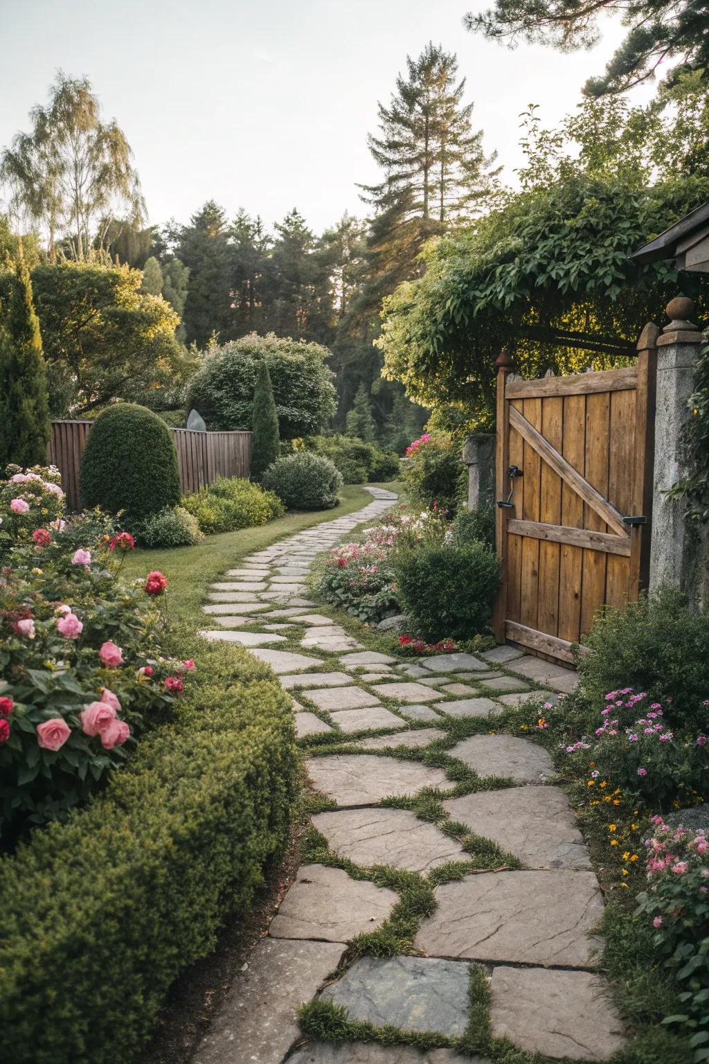 A cool stone path that leads through a garden with great landscaping.