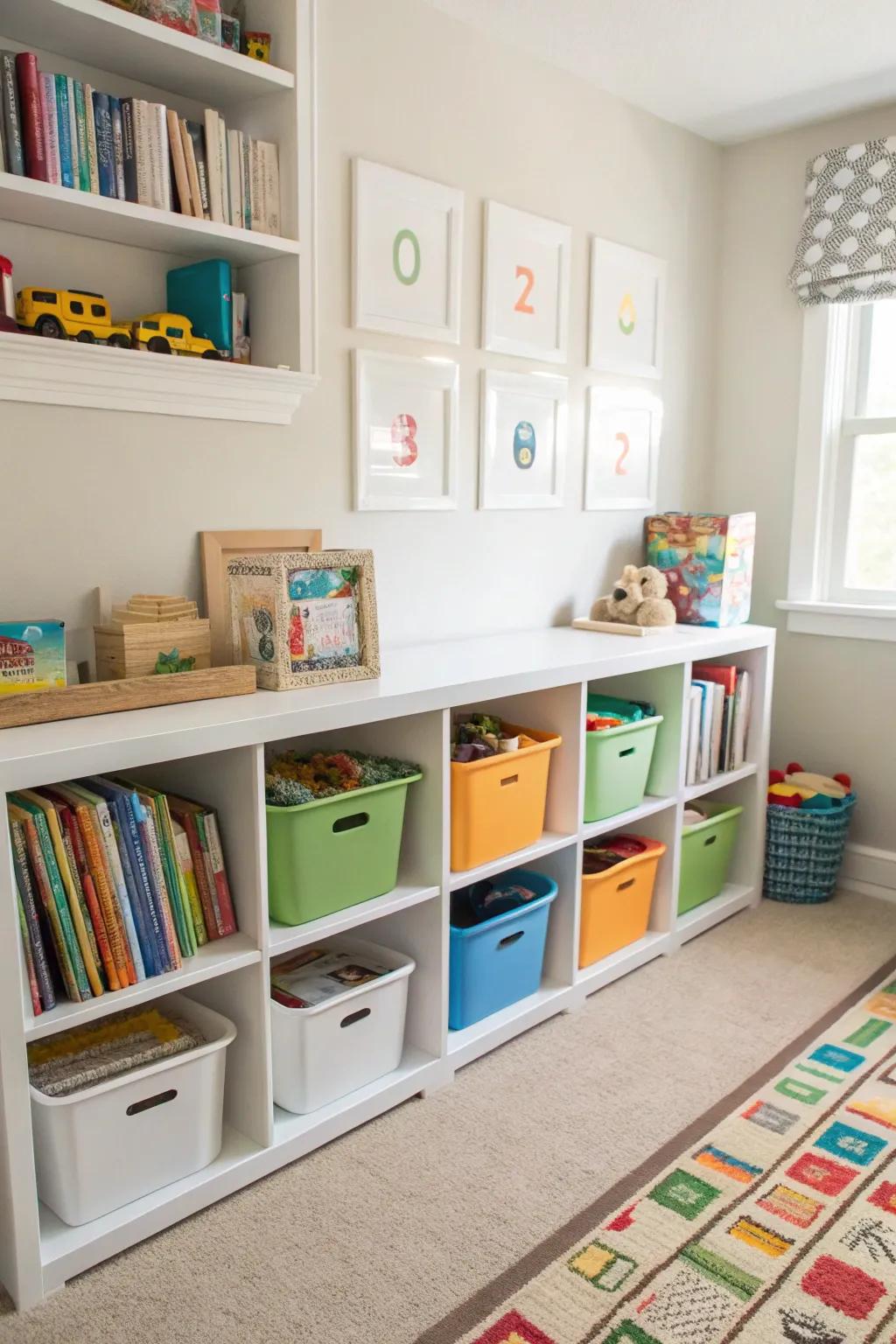 Practical storage keeps toys organized and easy to reach.