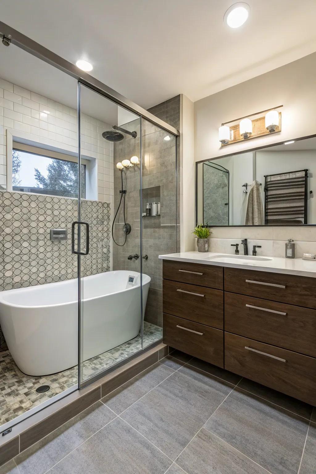An efficient setup that combines both a shower and a tub for versatile bathing.