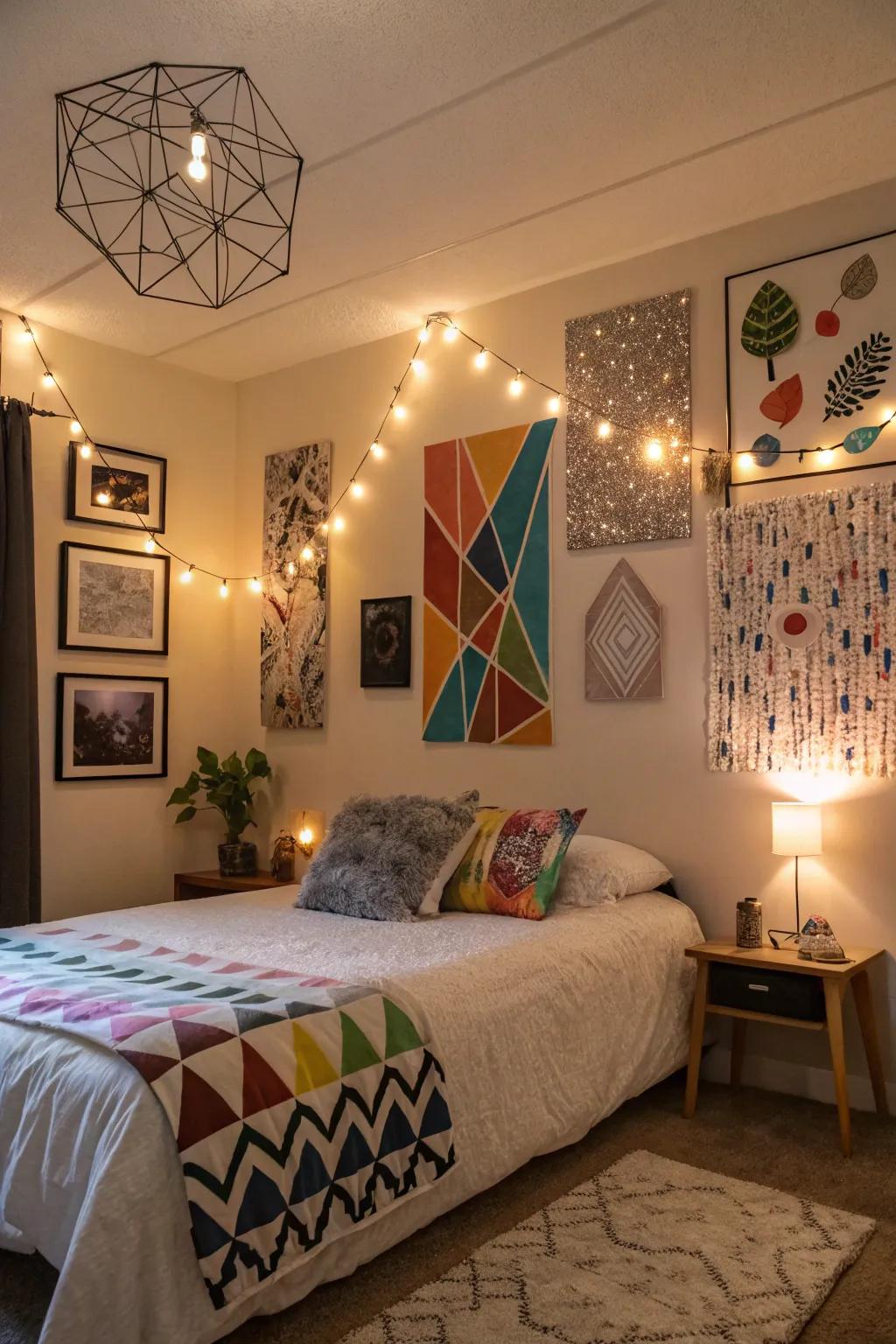 Creative wall art paired with LED accents for a personalized touch.