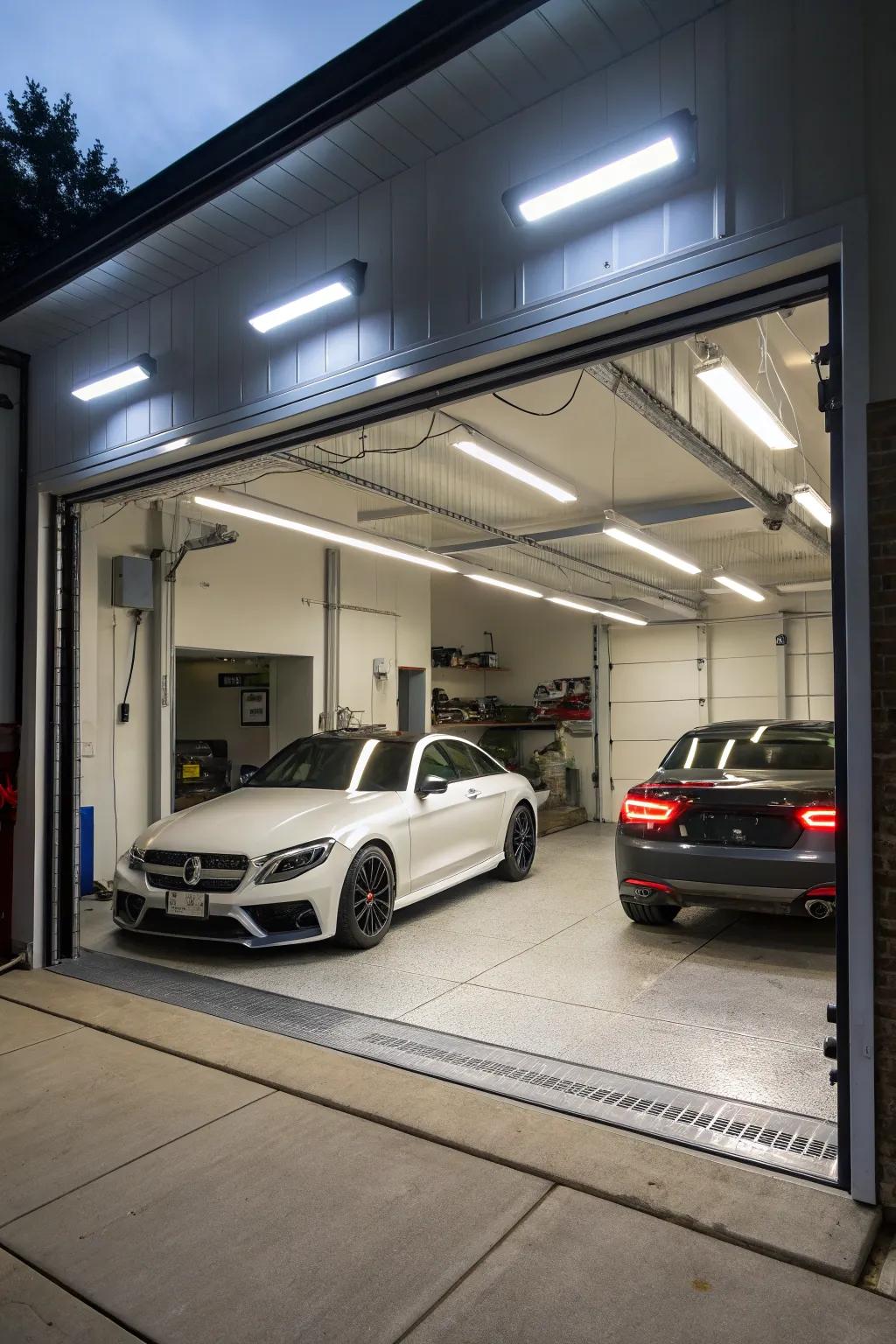 Bright lighting transforms your garage into a lively workspace.