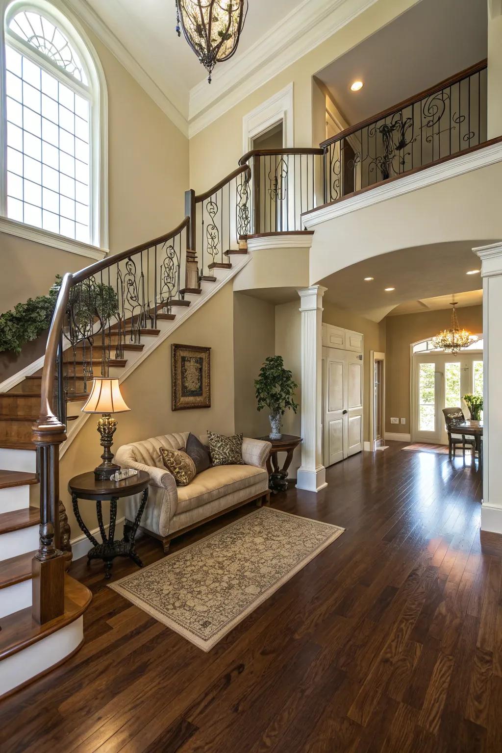Magnificent wood flooring imparts sophistication to the entryway.