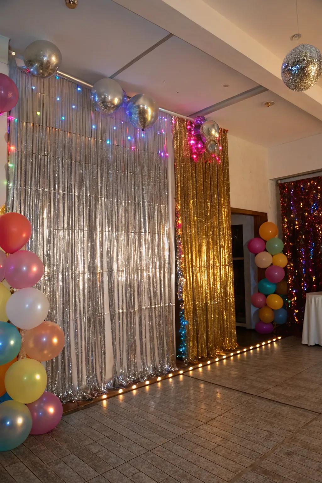 A shimmering metallic fringe backdrop creates a festive mood.
