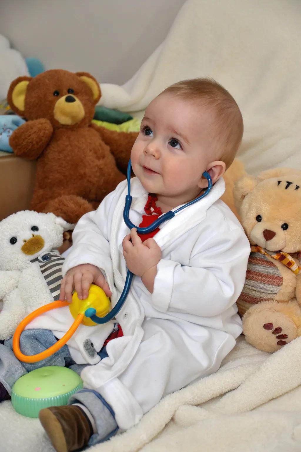 A tiny doctor, ready to bring cheer and health to the Halloween scene.
