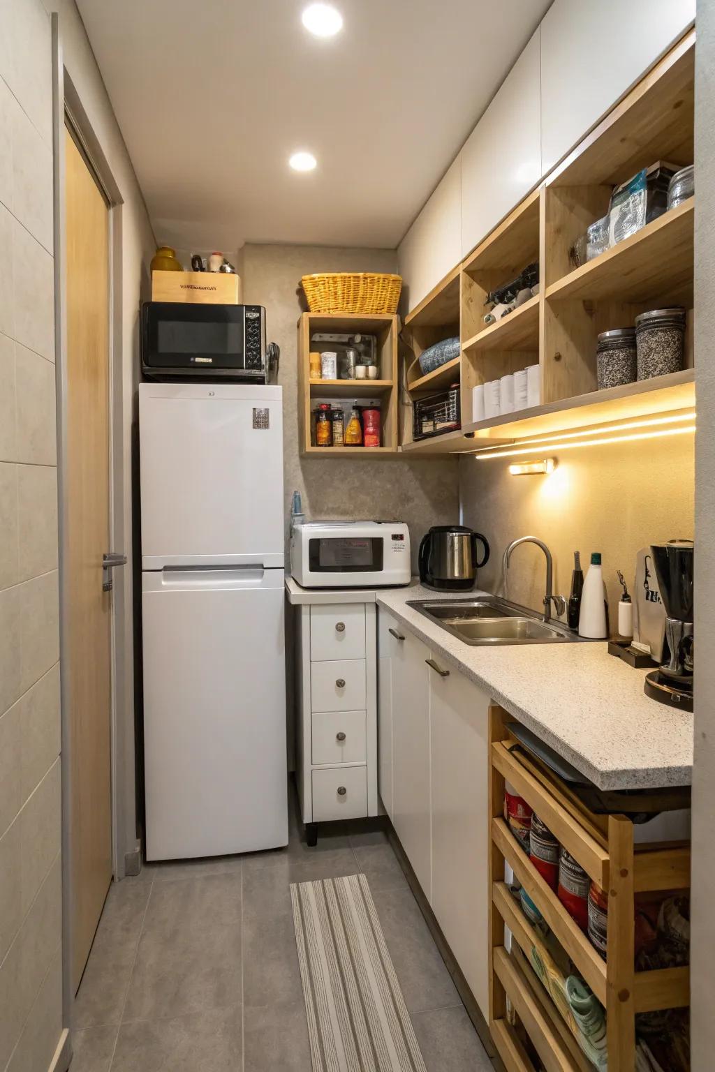 Compact appliances and vertical storage in a small kitchen.
