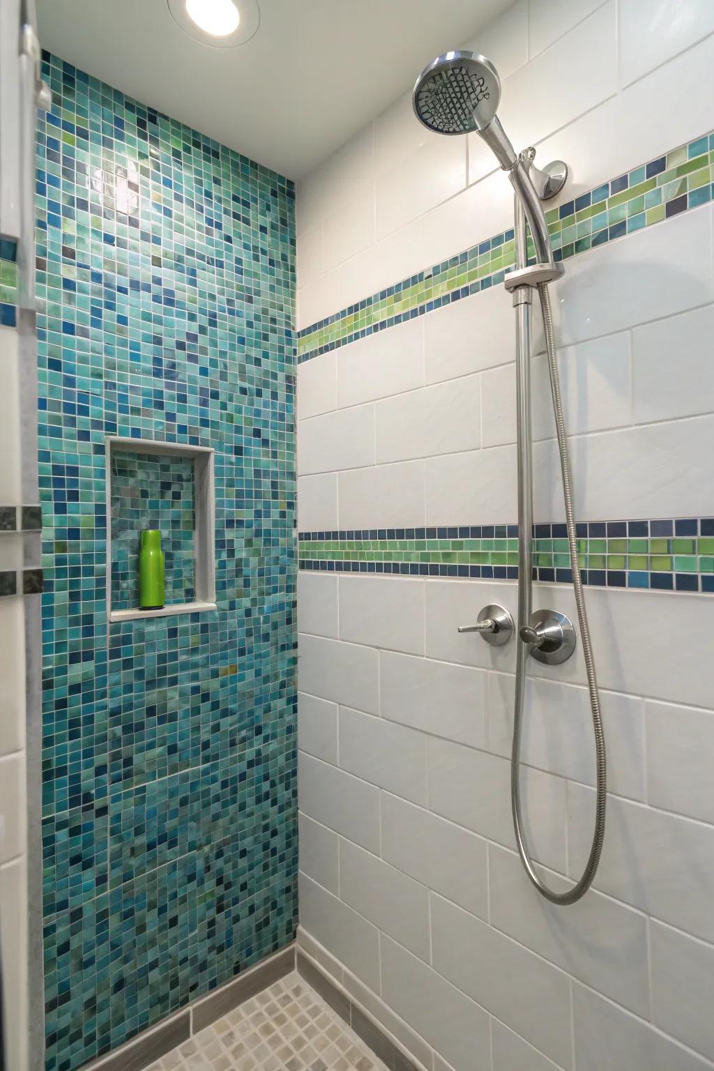 Mosaic tiles enhance texture and visual draw to a small shower.