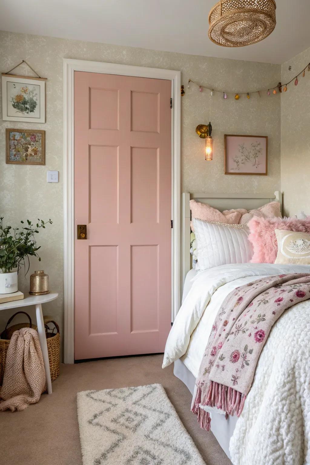 A pastel pink 6-panel door adds a whimsical touch to this charming bedroom.