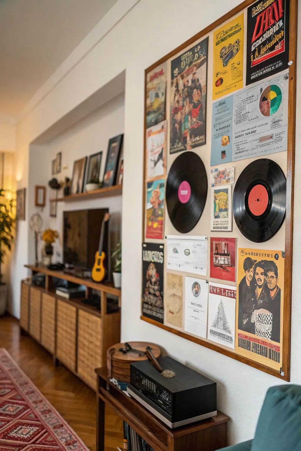 A music-themed pinboard adorned with 80s sheet music and record covers.