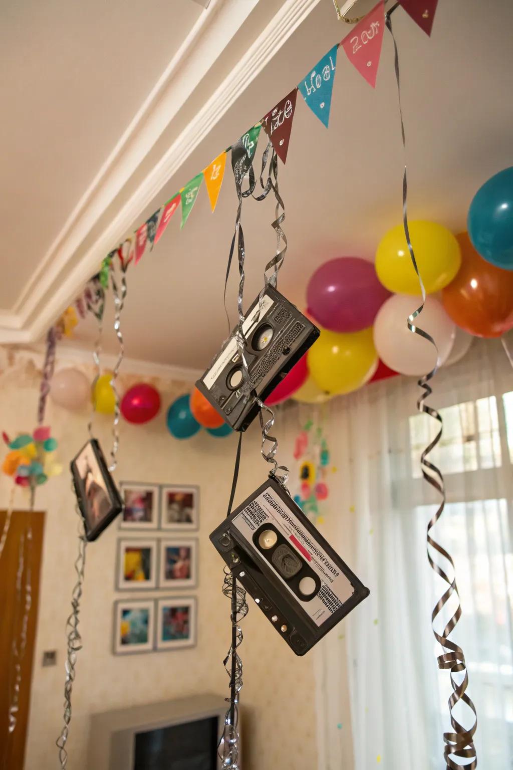 A cassette tape garland adds a nostalgic touch to your decorations.