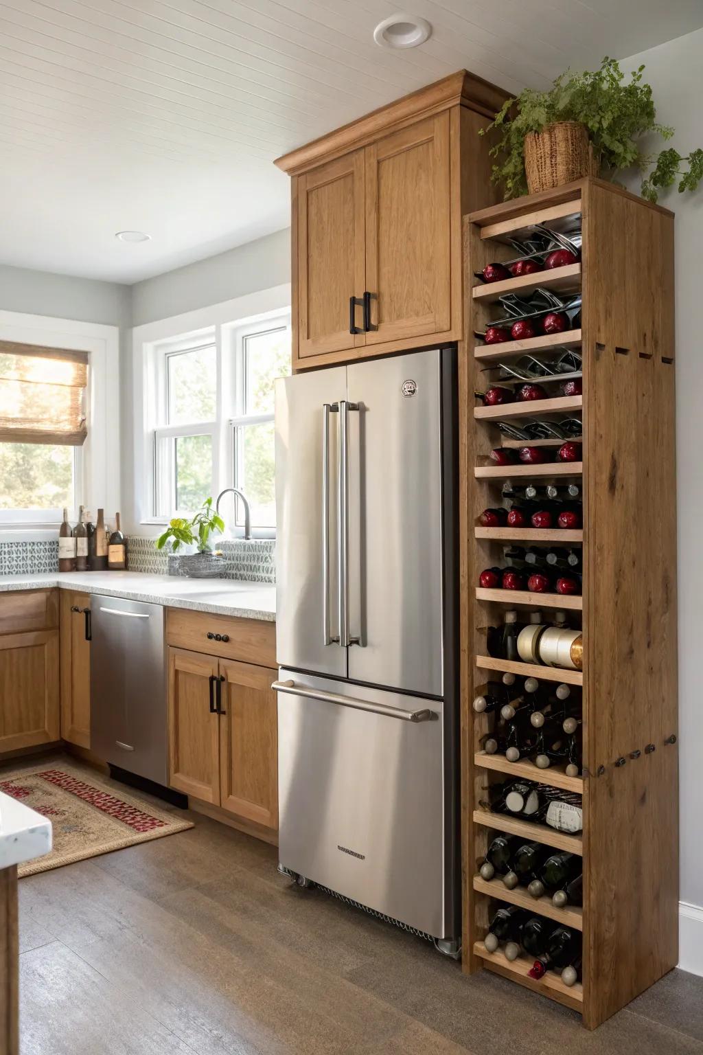A wine nook atop the fridge introduces elegance and utility.