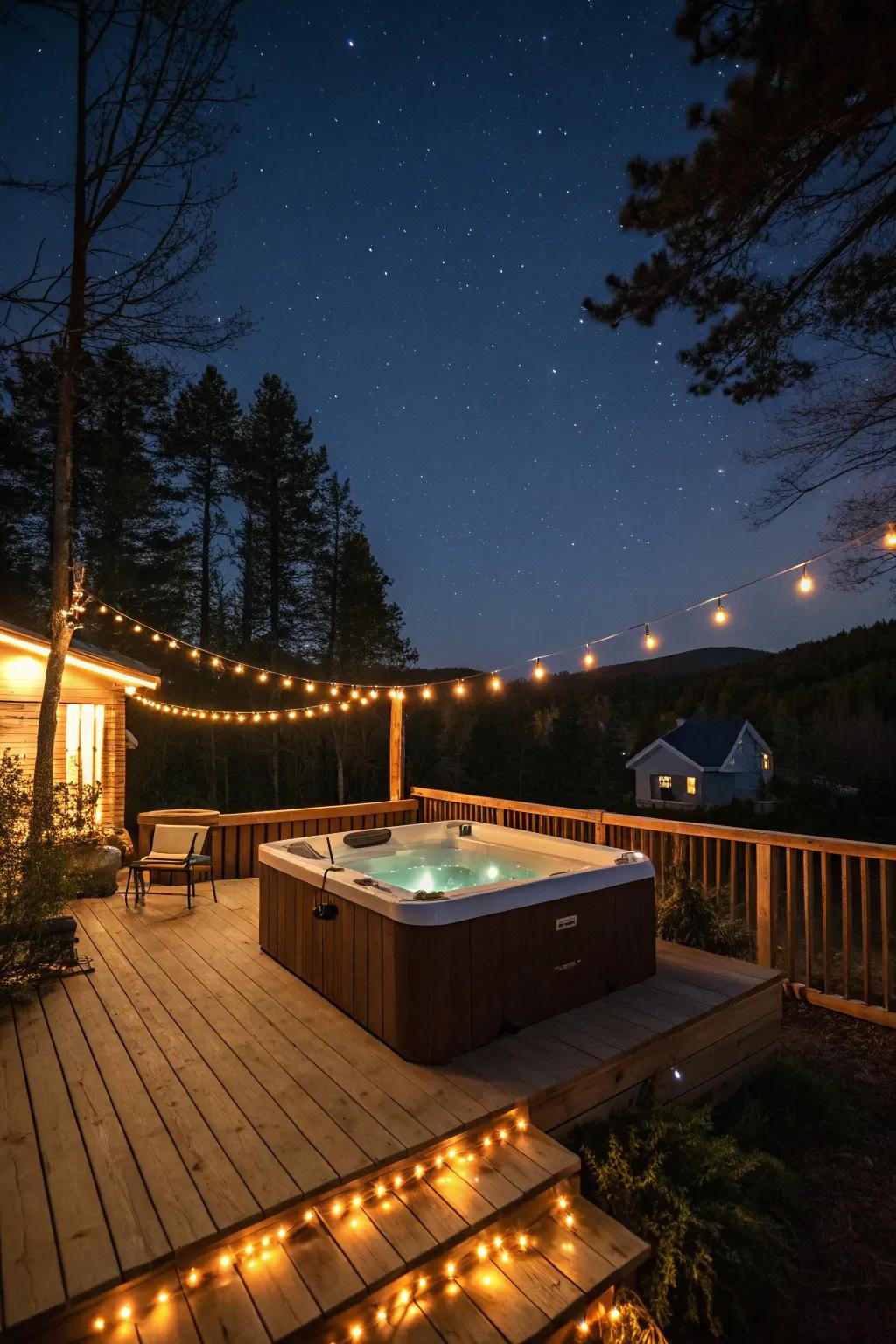 String lights add a magical glow to your hot tub setting.