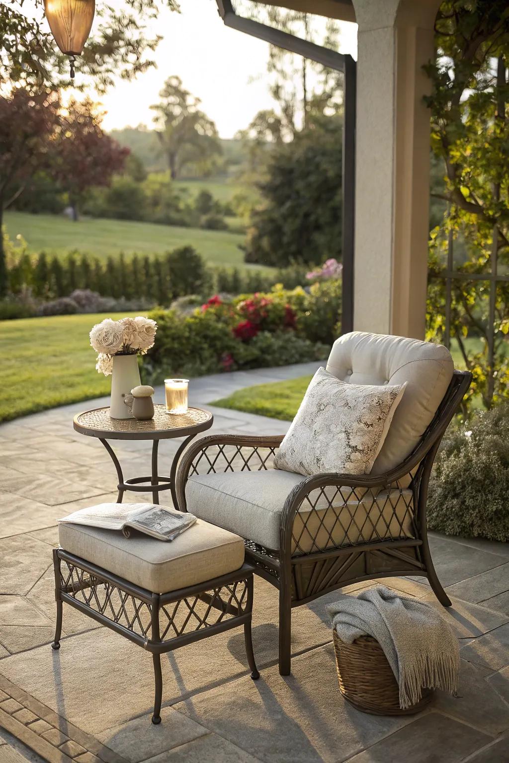 An indoor-style armchair creates a cozy patio escape.
