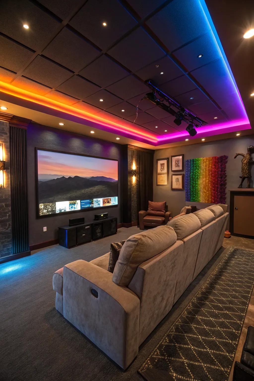Colored accent lights enhance home theater experiences.