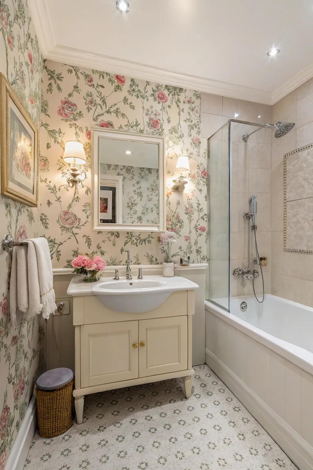 Vintage wallpaper adds charm and character to any bathroom.