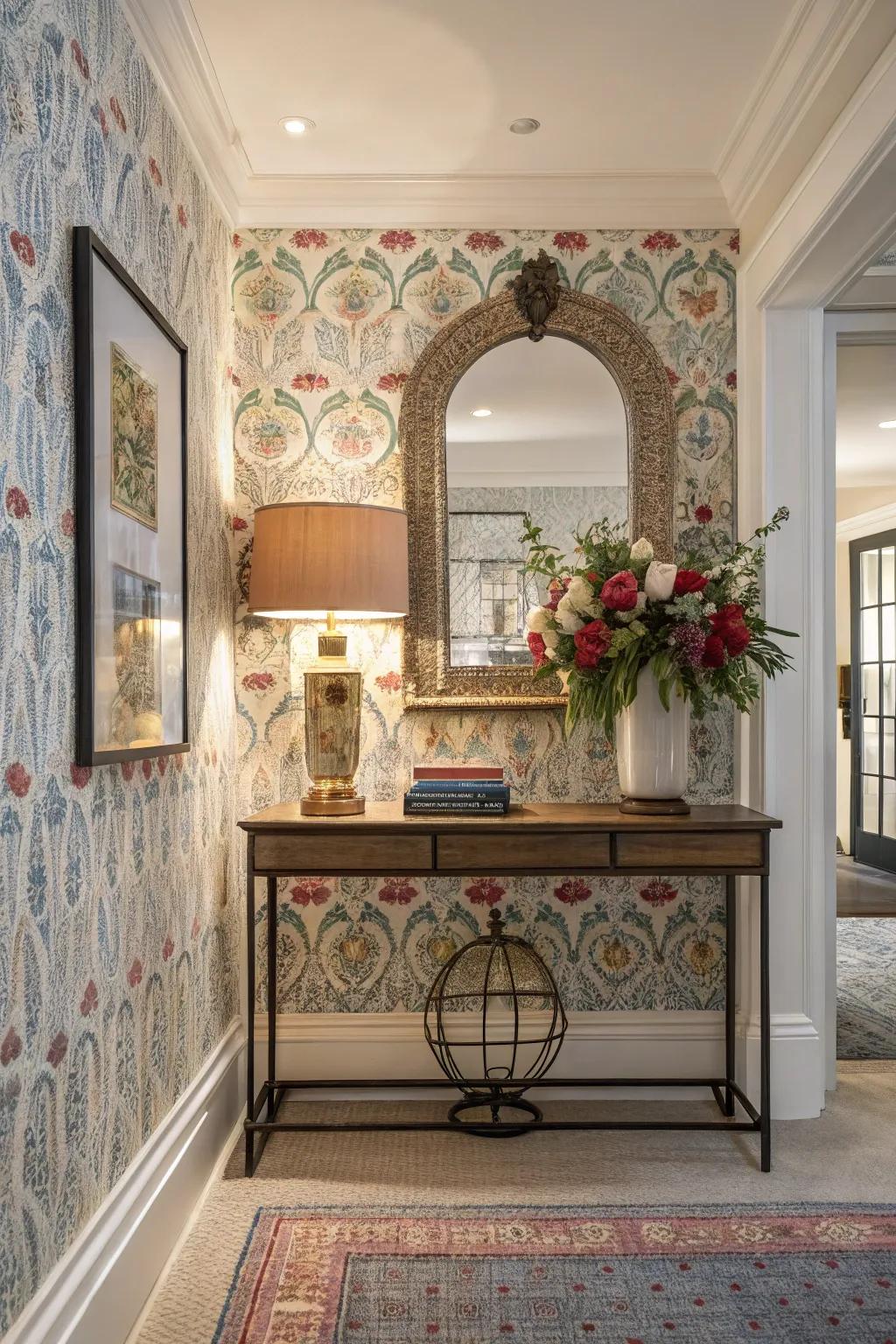 Art-inspired wallpaper sets a welcoming ambiance in a stylish entrance.