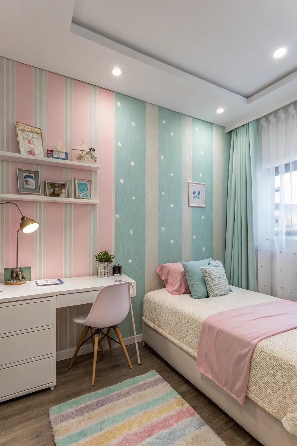 Pastel wallpapers offer a gentle palette for a serene retreat.