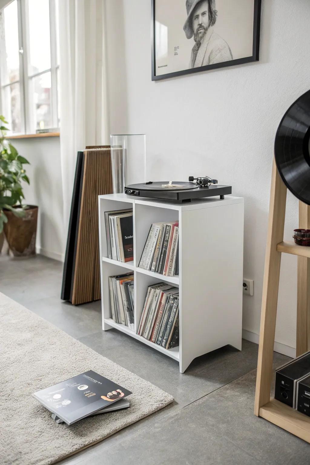 A vinyl record stand blending functionality and sophistication.