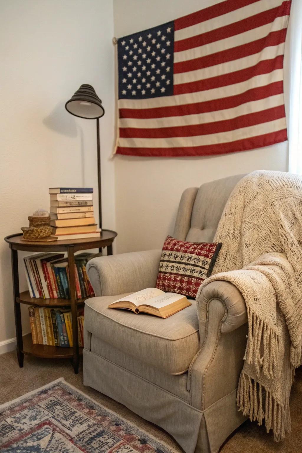 The inviting allure of a cozy reading nook enhanced by Stars and Stripes accents.
