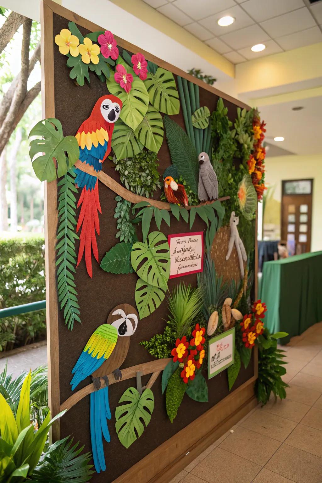A vibrant rainforest scene showcasing exotic avians and sloths.