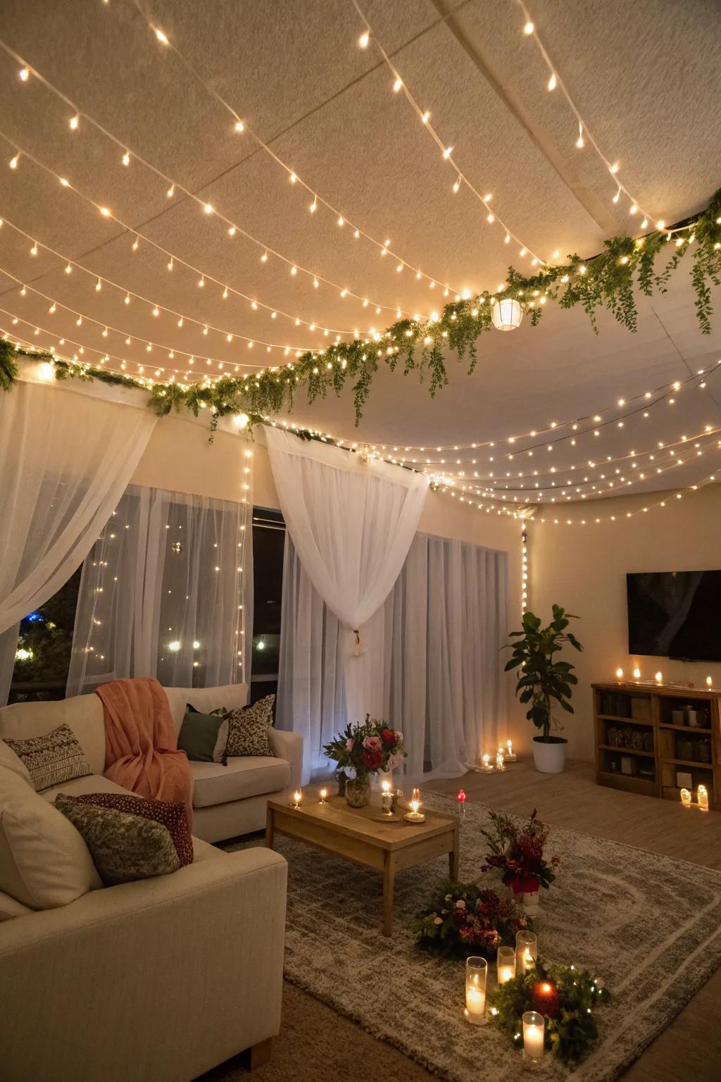 Infuse a dreamy sparkle with a string light canopy.